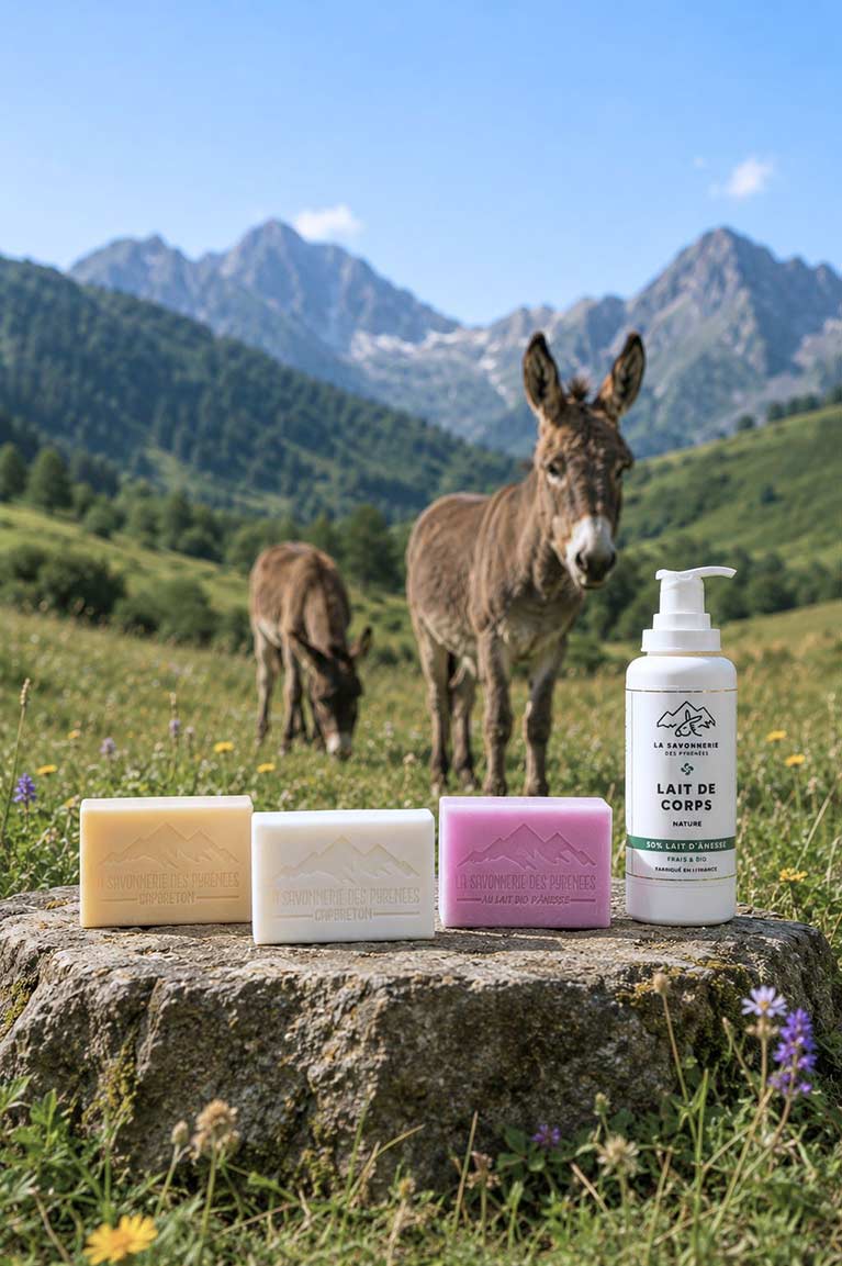 Savons et lait pour le corps devant des ânesses dans les Pyrénées.
