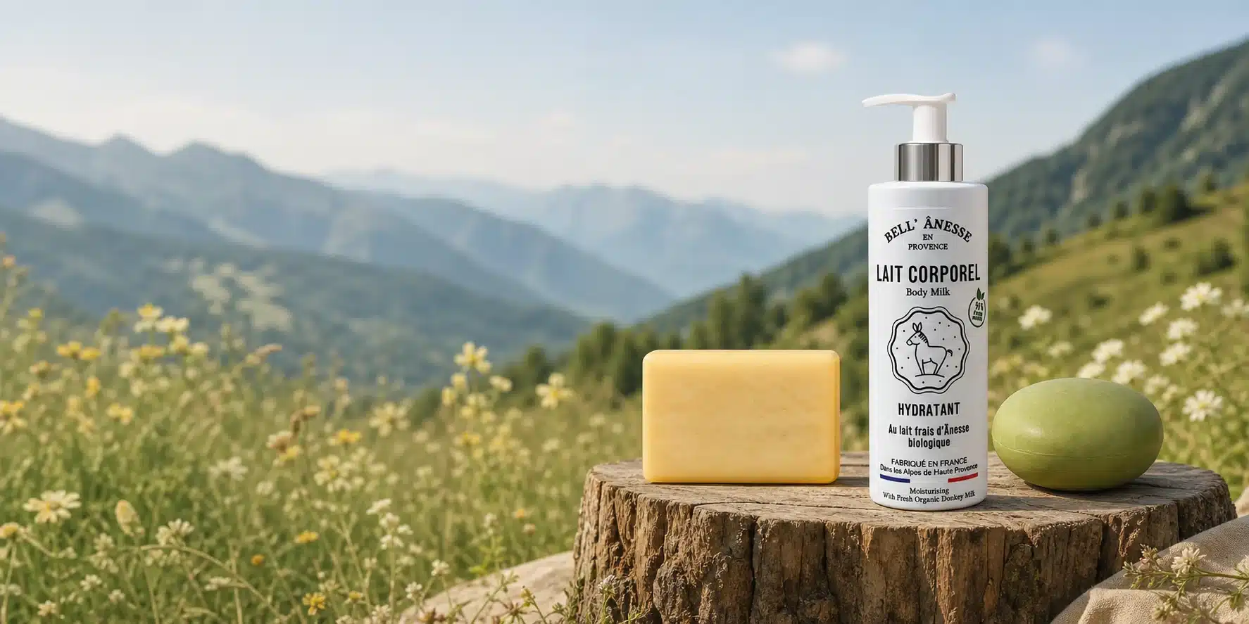 Savon, lait corporel au lait d'ânesse et shampoing solide dans les Pyrénées