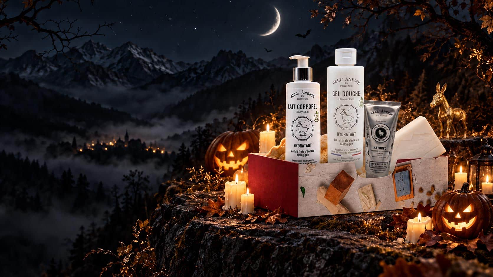 Coffret au lait d’ânesse avec quatre soins, citrouilles et bougies dans les Pyrénées.